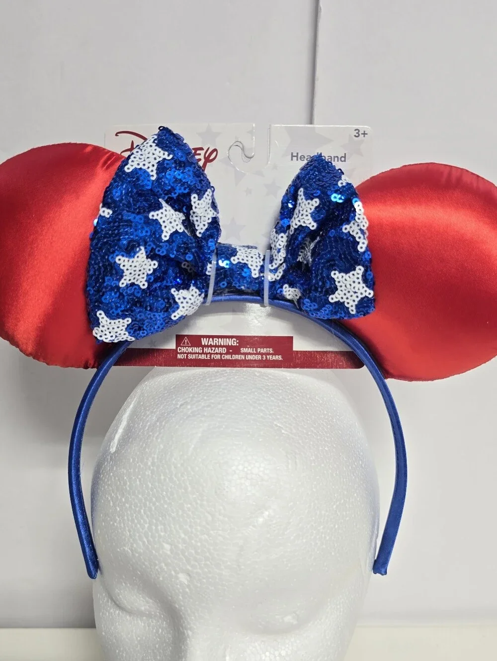 Disney Minnie Mouse Headband Red Ears Blue White Star Sequin Bow NEW